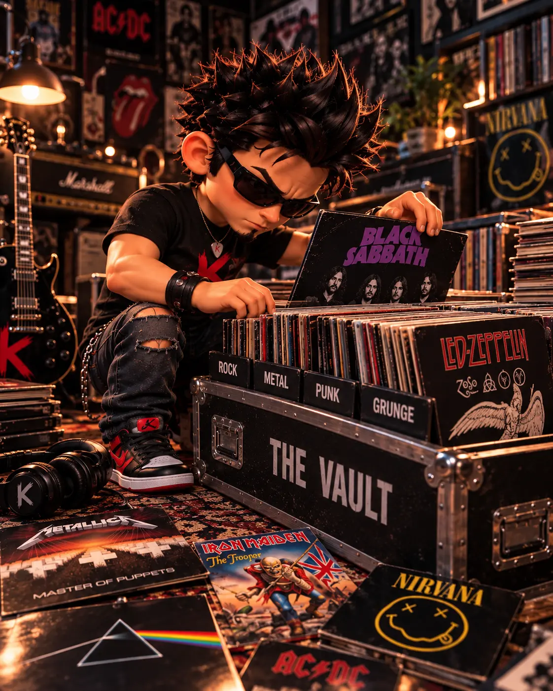 K digging through records in The Vault