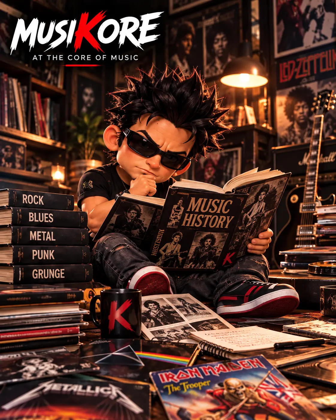 K reading a music history book